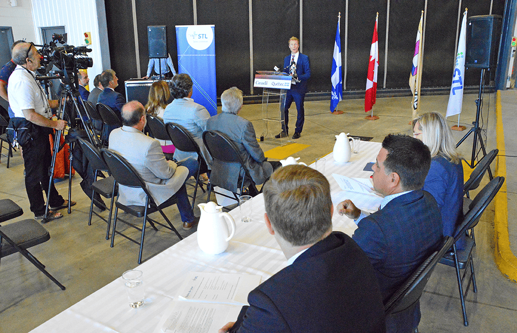 Liberal MP Marc Miller, the Parliamentary Secretary to the Infrastructure Minister, announces the $30.4 million subsidy at STL headquarters on Aug. 8.